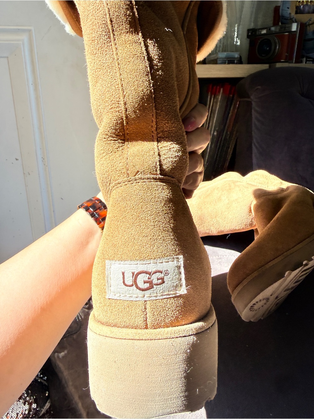UGG Australia Tall Chestnut Suede Shearling Trim Boots Size 9 Y2K